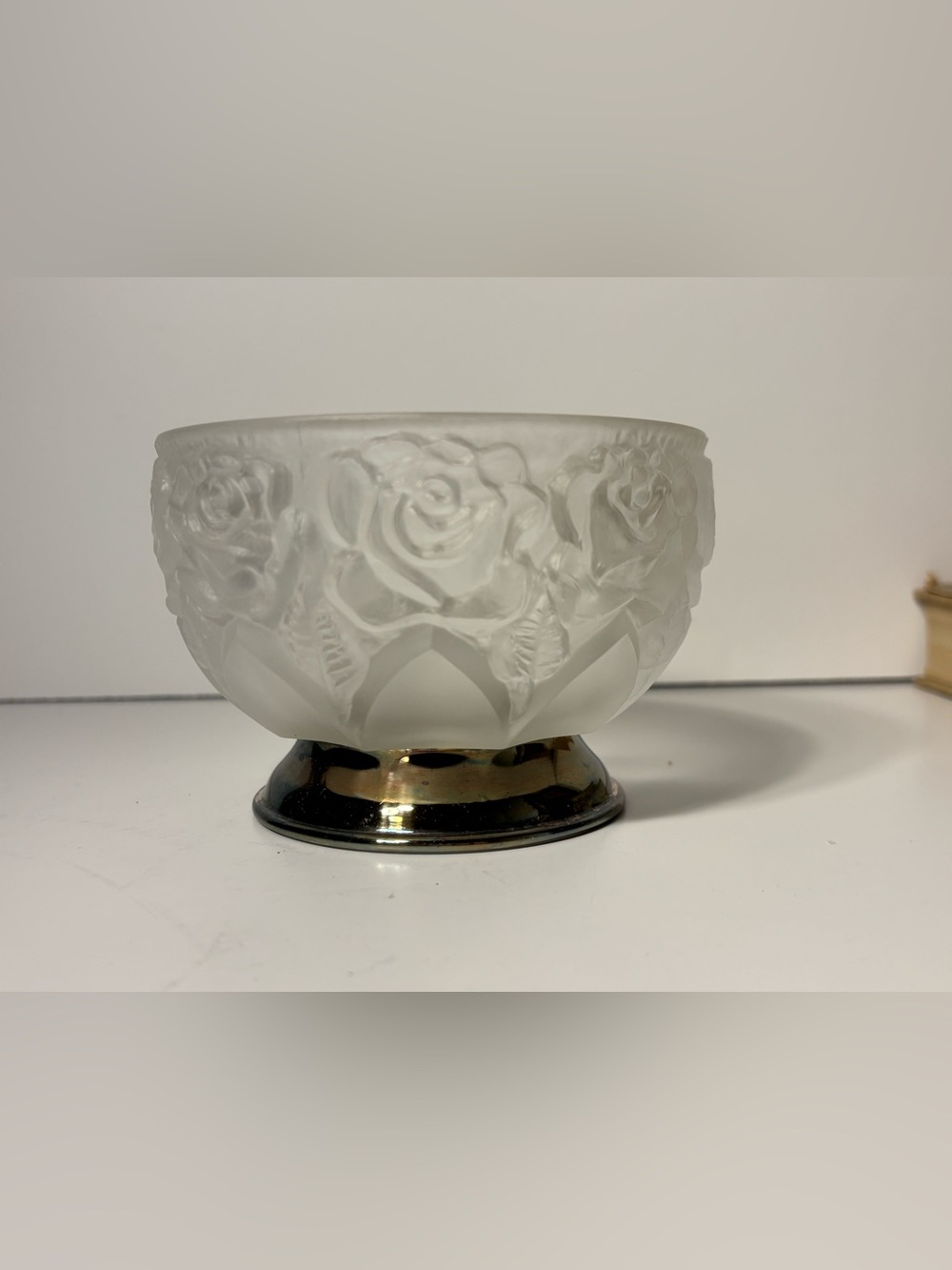 Vintage Italian Frosted Glass Rose Bowl | Silver-Plated Base